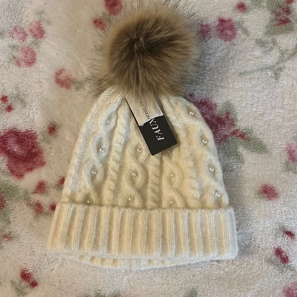 Faux Fur Beanie with Pearl Accents